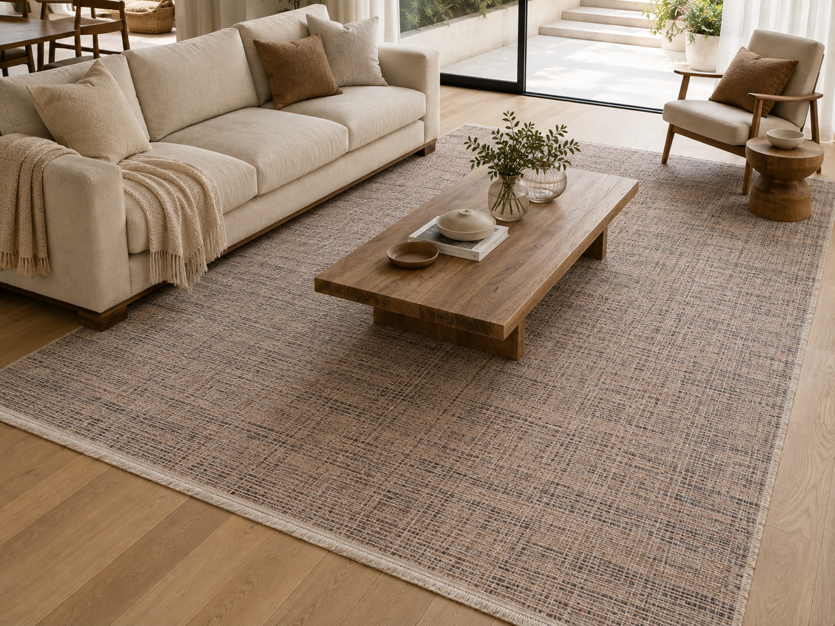 Le Canvas Elara — Beige Grey rug styled in a living room