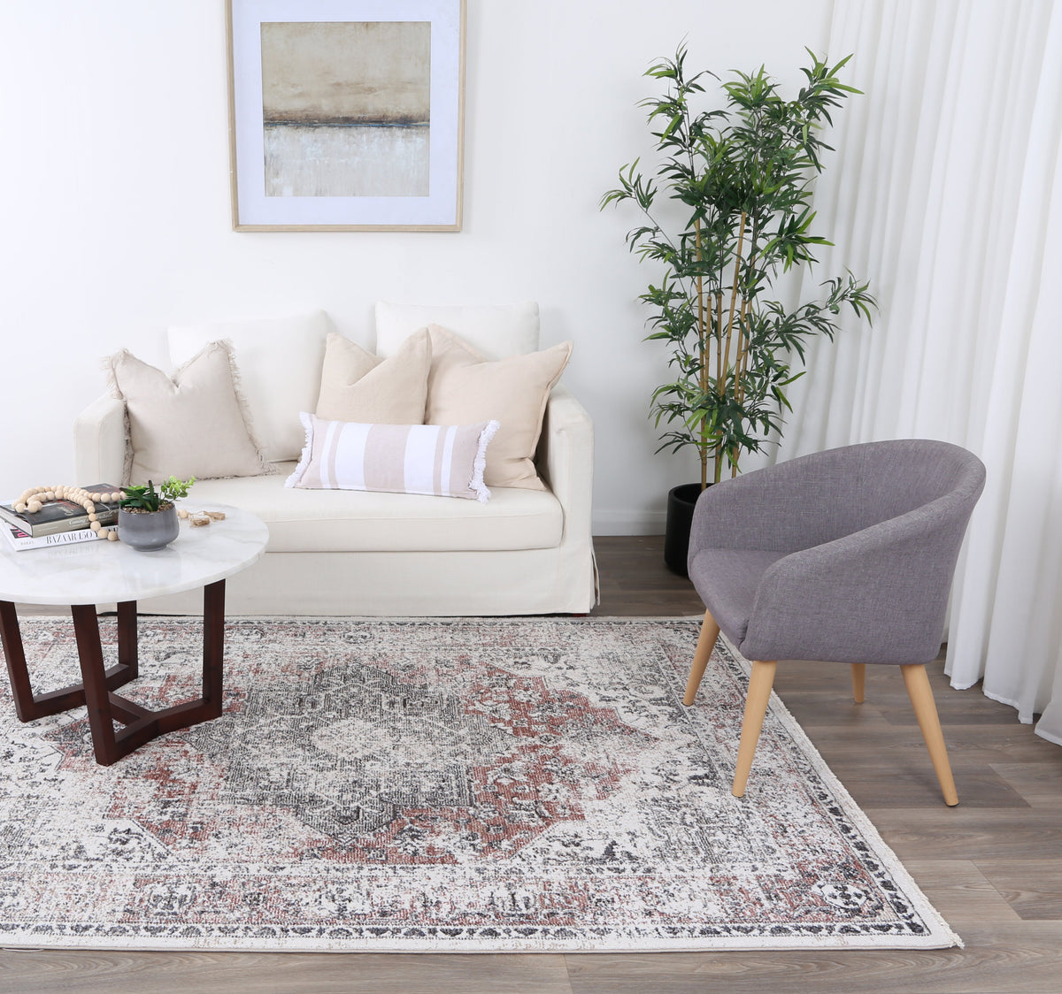 Le Canvas Calder — Ash rug styled in a room