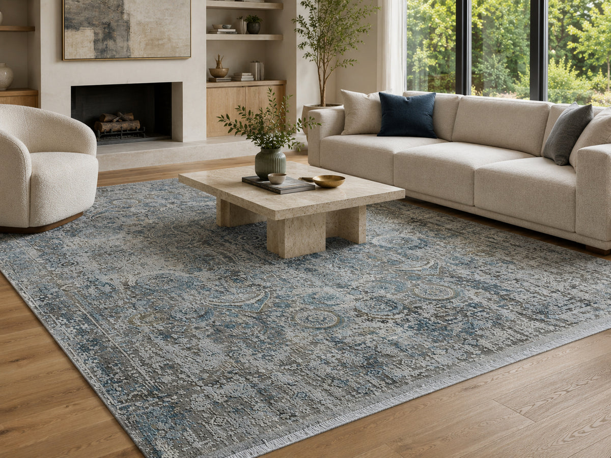 Le Canvas Greer — Grey rug styled in a living room