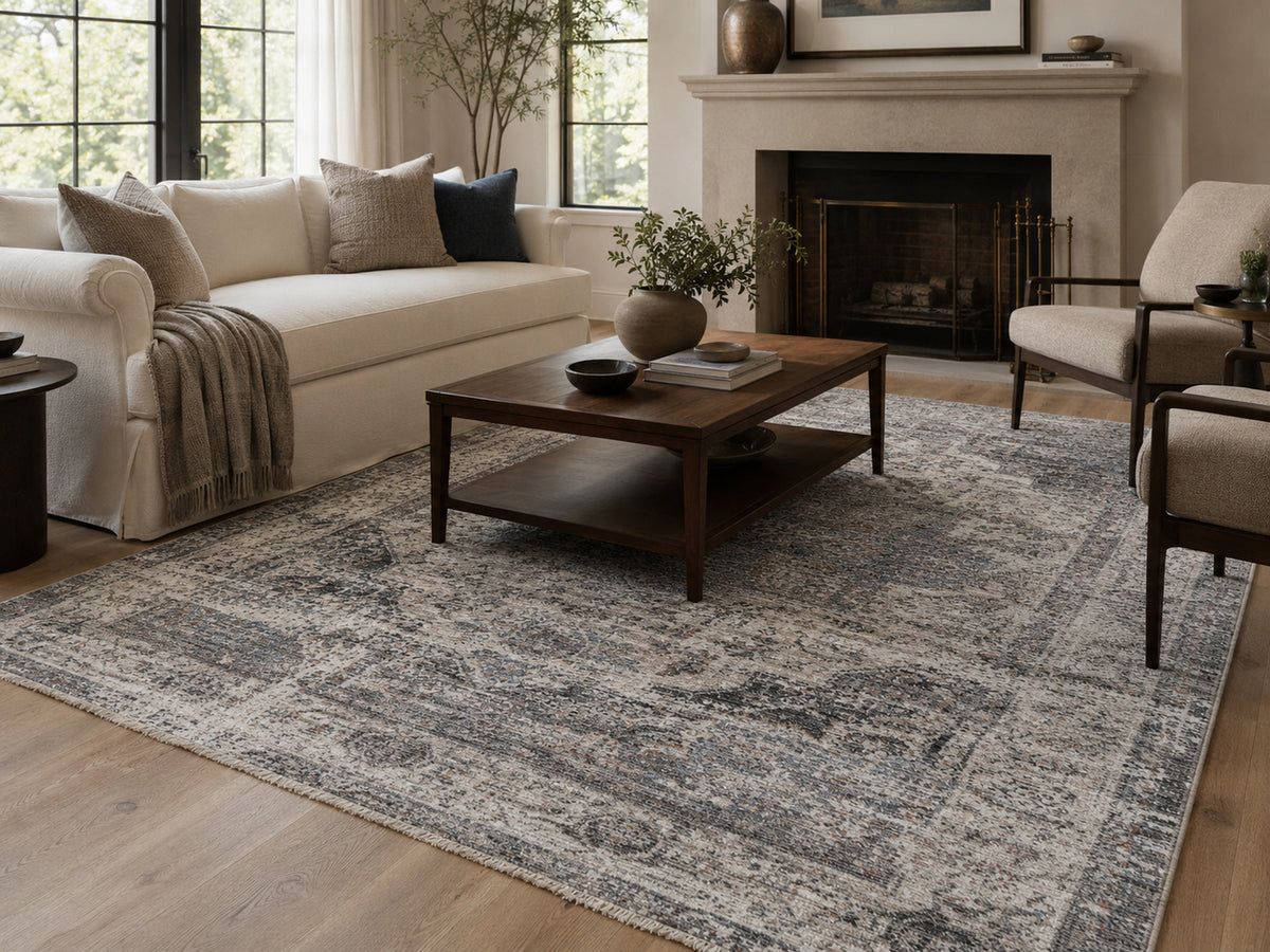 Le Canvas Soren — Ash rug styled in a living room