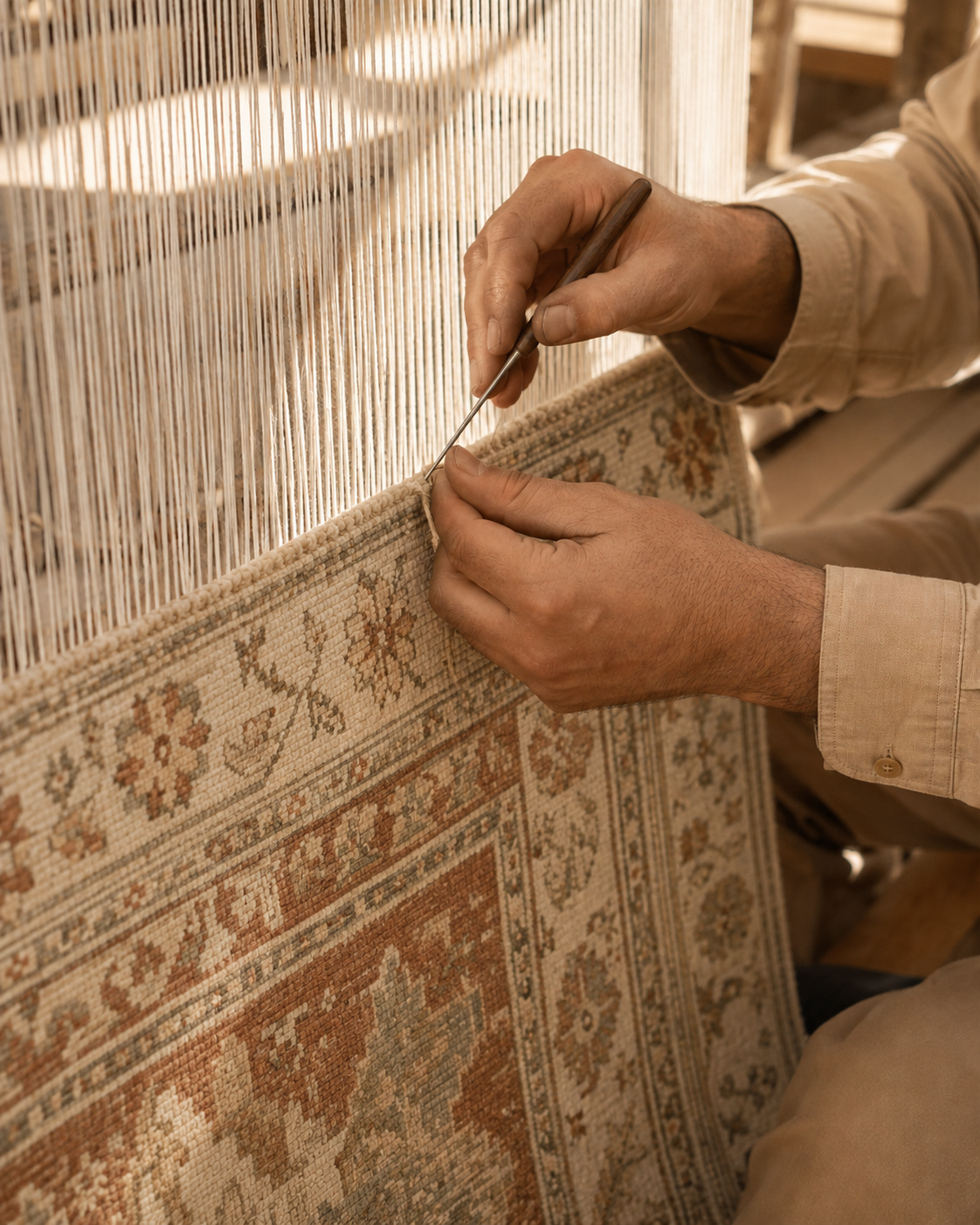 Artisan weaving a Le Canvas rug on the loom